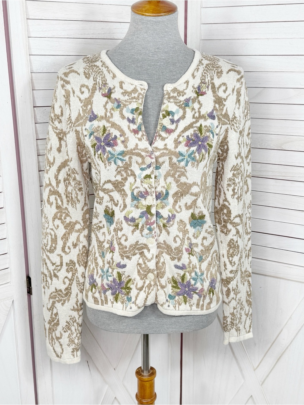 Coldwater Creek Floral Tapestry Print Cardigan Sweater Cream Small Cottagecore‎
